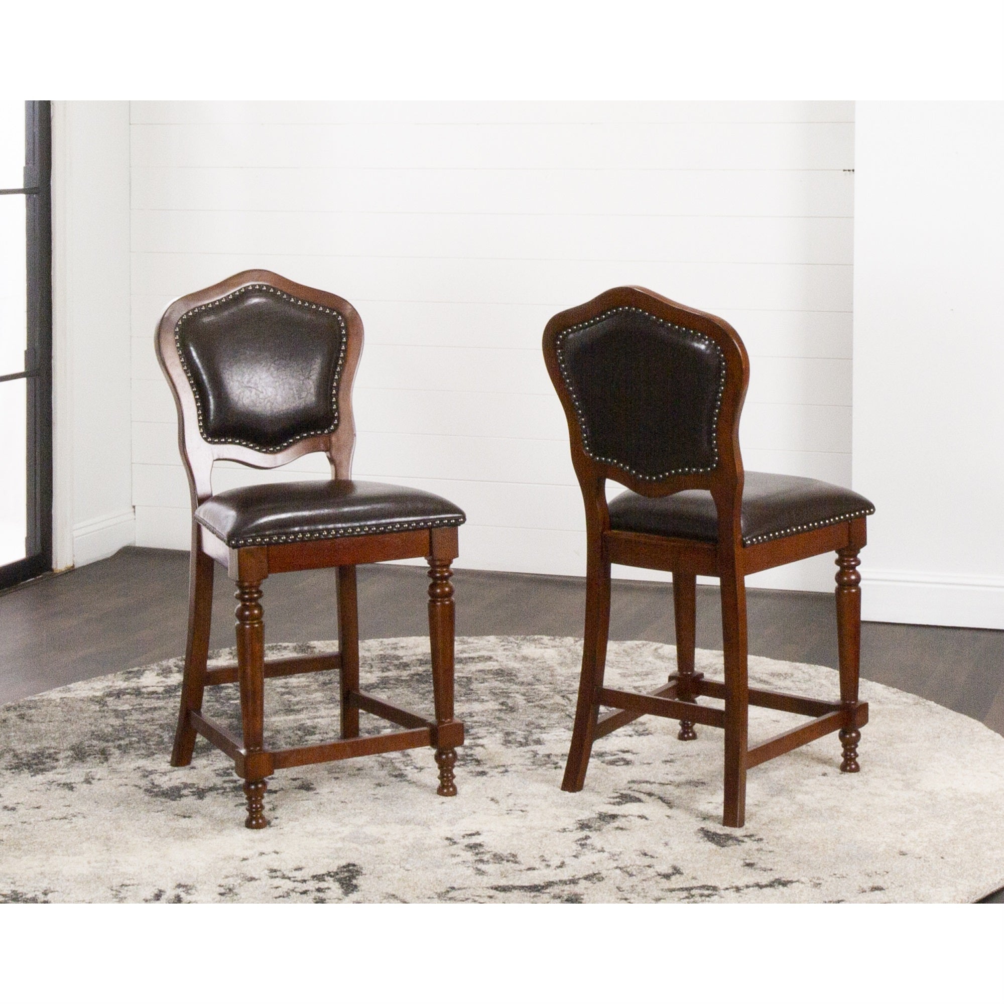 Sunset Trading Bellagio Upholstered Barstools With Backs | Counter Height Dining Chairs | Distressed Cherry Brown Wood | Nailhea