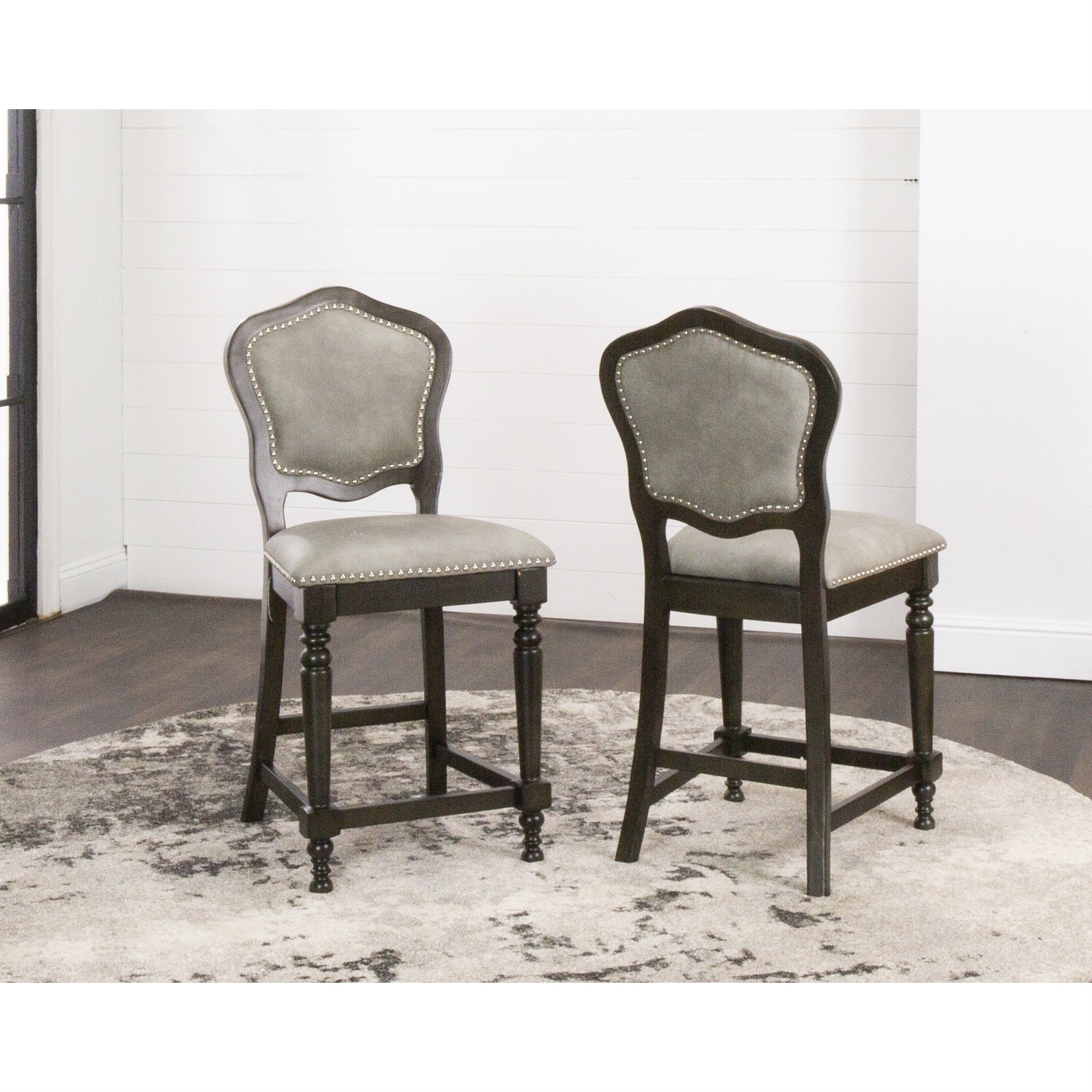 Sunset Trading Vegas Upholstered Barstools With Backs | Counter Height Dining Chairs | Distressed Gray Wood | Nailheads | Set Of