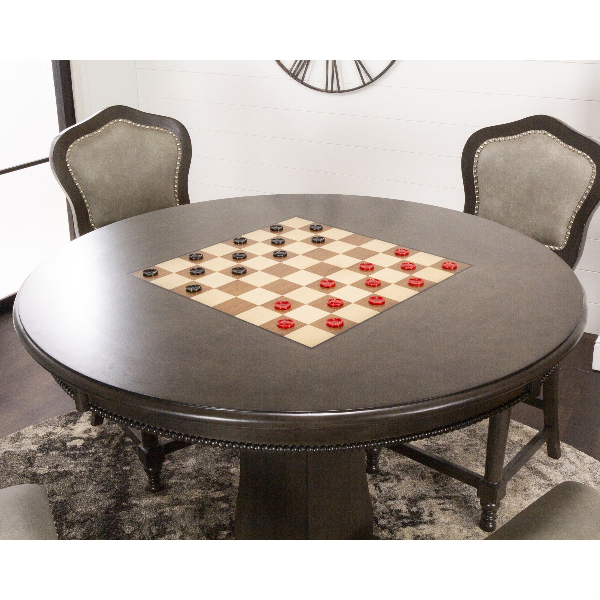 Sunset Trading Vegas 3 Piece 42.5 Round Counter Height Dining, Chess And Poker Table Set | Reversible 3 In 1 Game Top | Distre