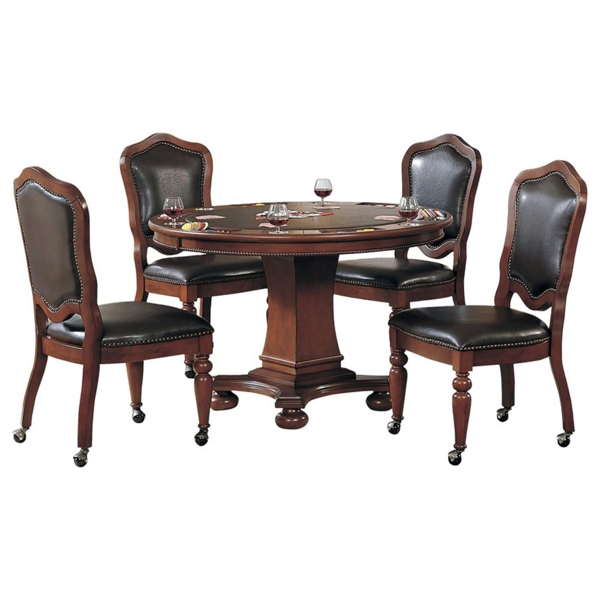 Sunset Trading 5 Piece Bellagio 48 Round Dining And Poker Table Set | Reversible Game Top | Caster Chairs With Nailheads | Sea