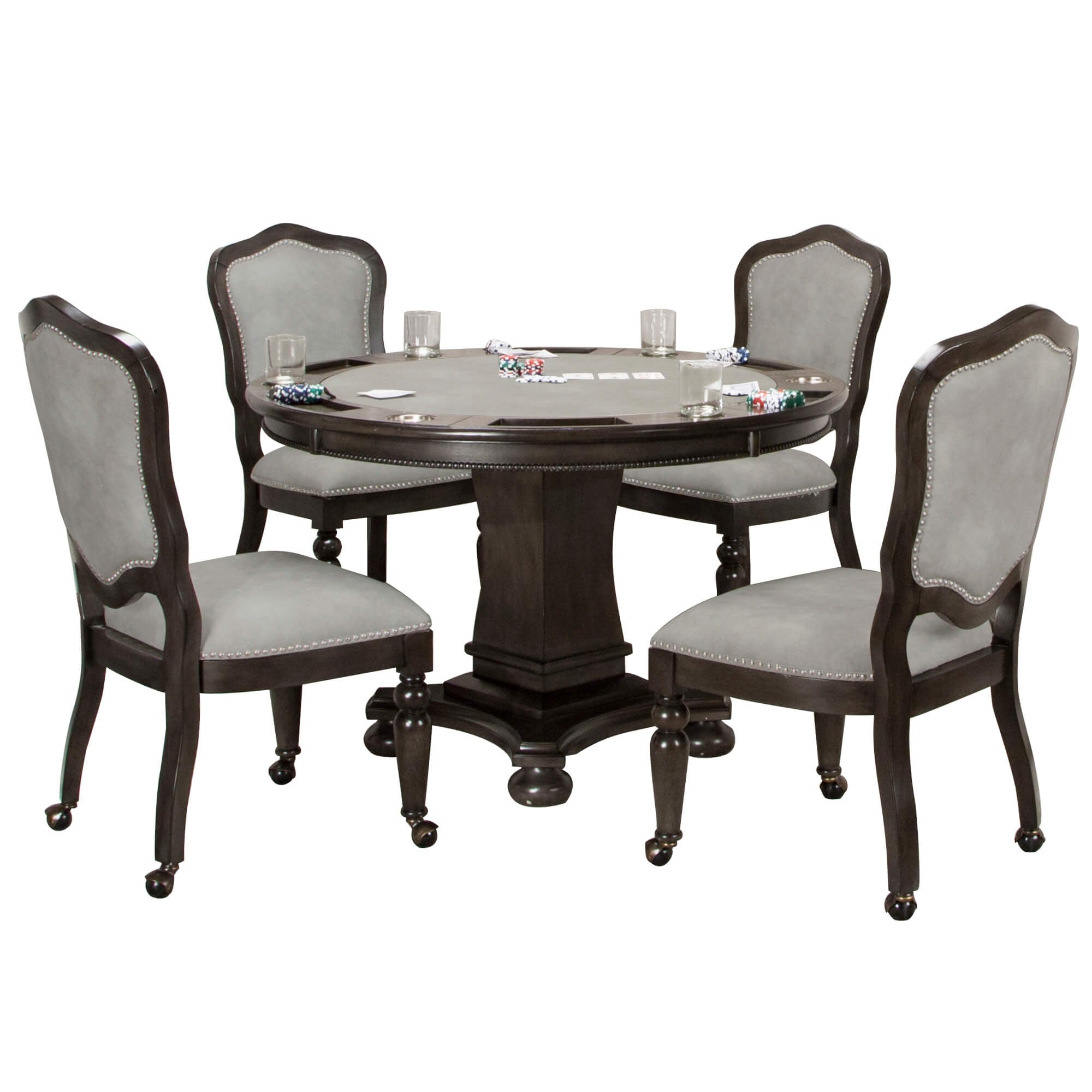 Sunset Trading 5 Piece 48 Round Vegas Dining And Poker Table Set | Reversible Game Top | Gray Wood | Caster Chairs With Nailhe