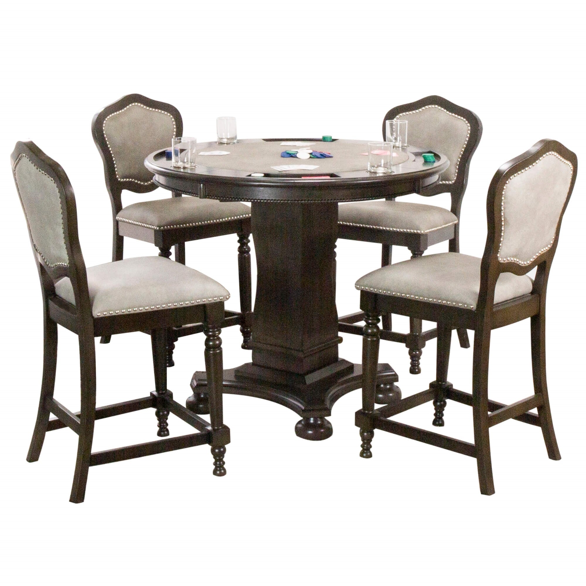 Sunset Trading Vegas 5 Piece 42.5 Round Counter Height Dining, Chess And Poker Table Set | Reversible 3 In 1 Game Top | Distre