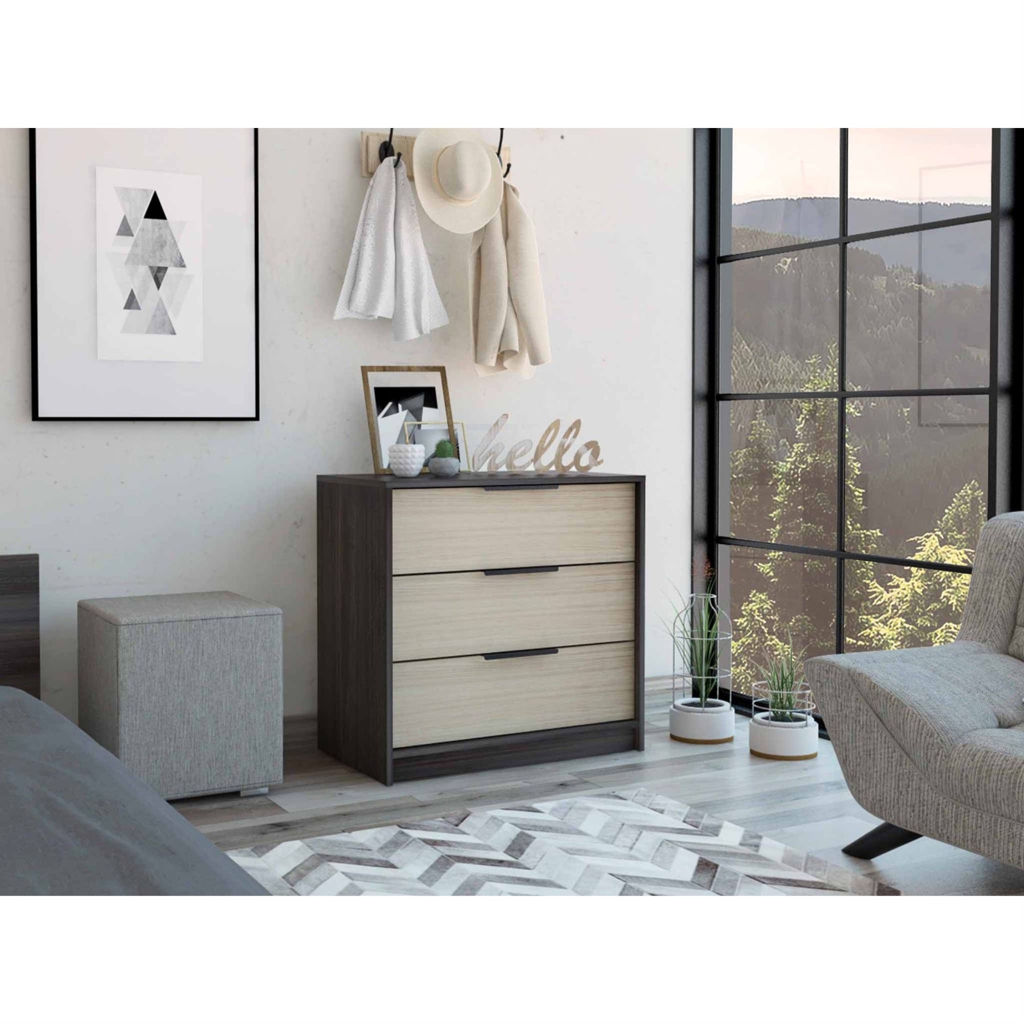Tuhome Kaia 3 Drawers Dresser, Three Drawers, Countertop, Black/Light Oak, For Bedroom