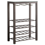 Trier 4 Tier Wine Rack Stand With Storage Shelves & Wine Glass Holders, Pewter Metal & Tempered Glass Top, Transitional