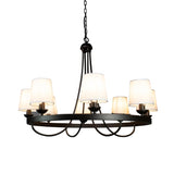 Baden Rustic Wagon Wheel Light Fixture With 8 Bulb And White Fabric Shades, Overhead Lighting With Vintage Black Frame For Foyer