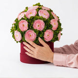 Classic Bordeaux Suede Box | Light Pink Persian Buttercups & Green Hydrangeas