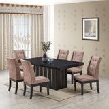 Riley 7 Piece Modern Pedestal Dining Set, Cappuccino Wood & Dark Brown Fabric (Table & 6 Upholstered Parsons Chairs)