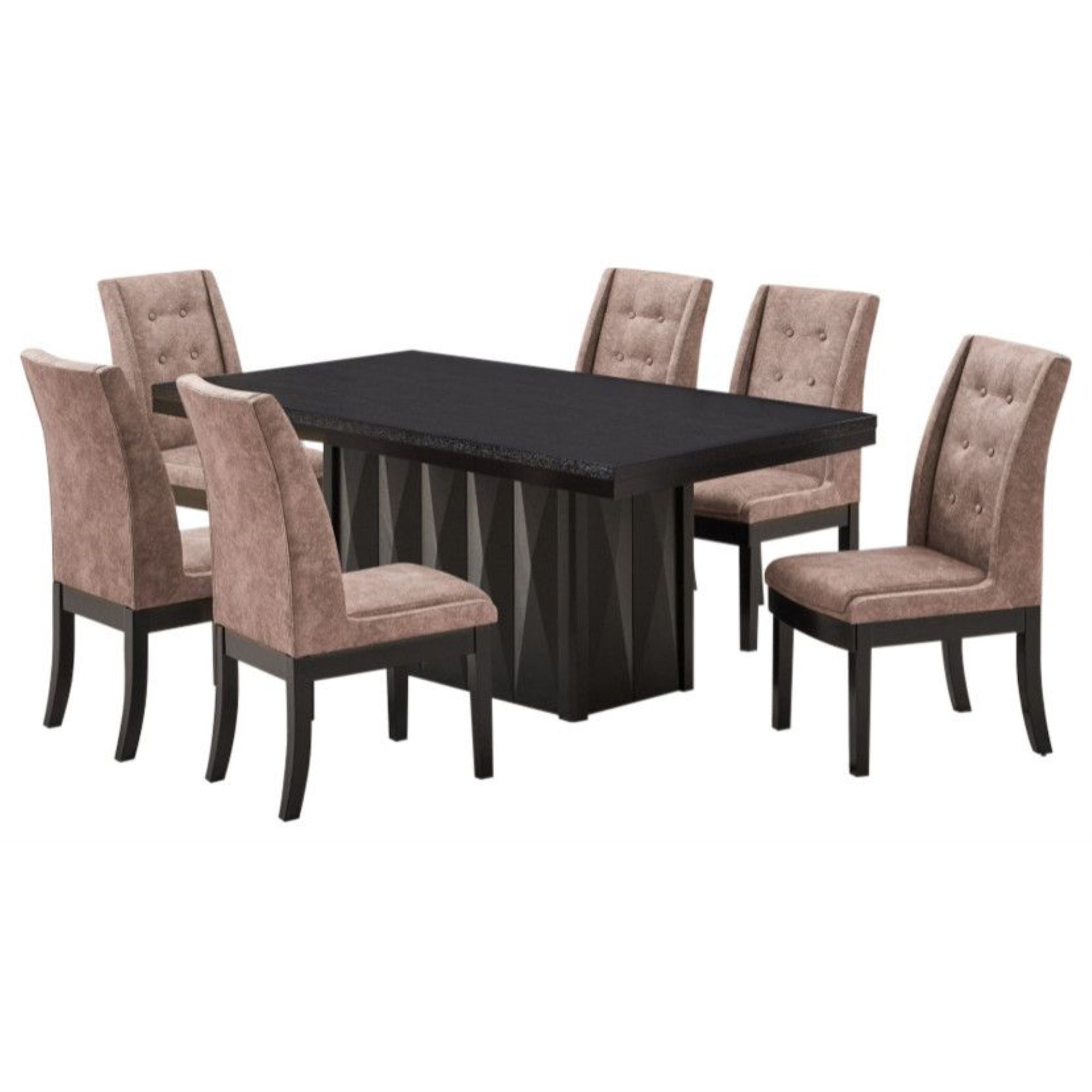 Riley 7 Piece Modern Pedestal Dining Set, Cappuccino Wood & Dark Brown Fabric (Table & 6 Upholstered Parsons Chairs)