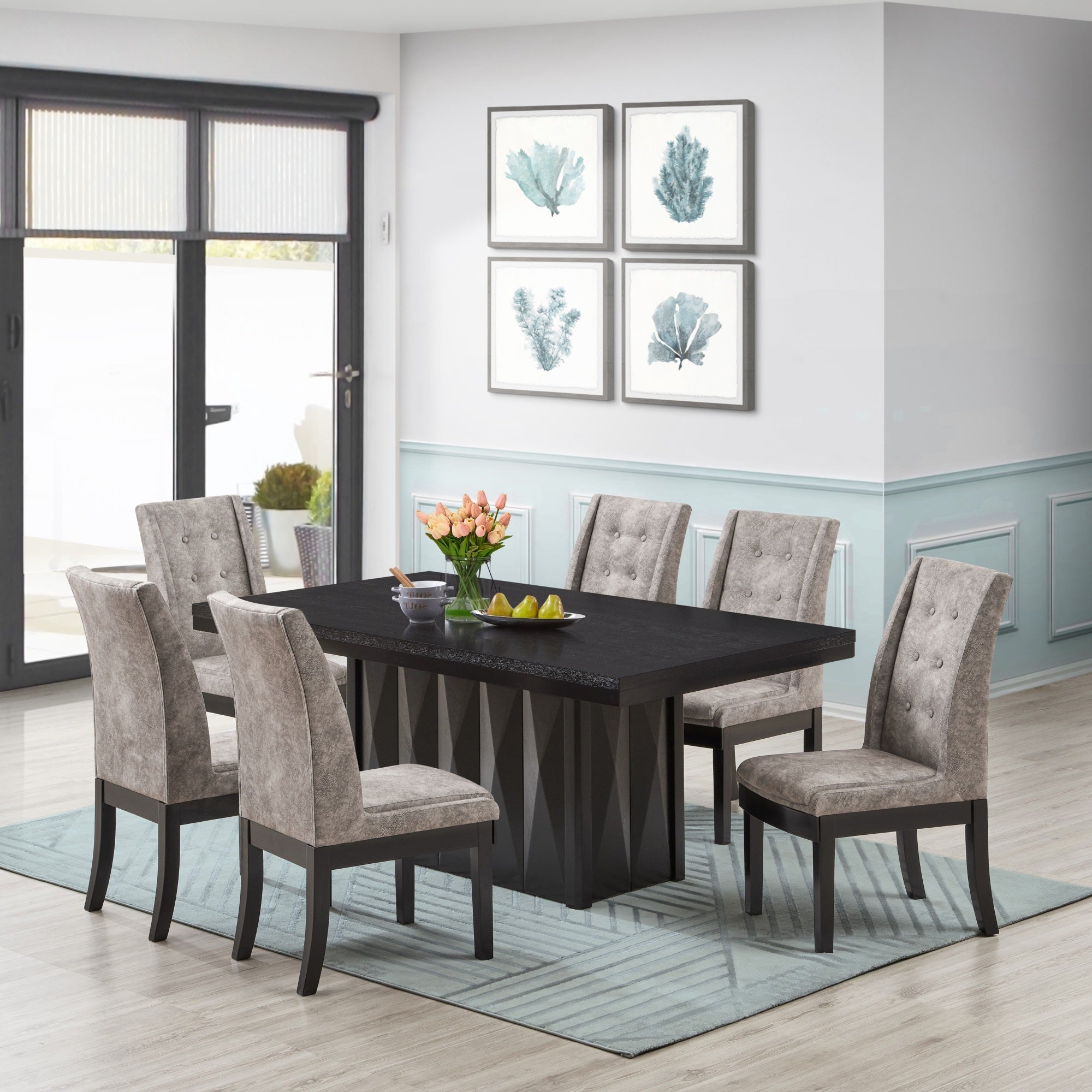 Riley 7 Piece Modern Pedestal Dining Set, Cappuccino Wood & Gray Fabric (Table & 6 Upholstered Parsons Chairs)