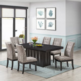Riley 7 Piece Modern Pedestal Dining Set, Cappuccino Wood & Gray Fabric (Table & 6 Upholstered Parsons Chairs)