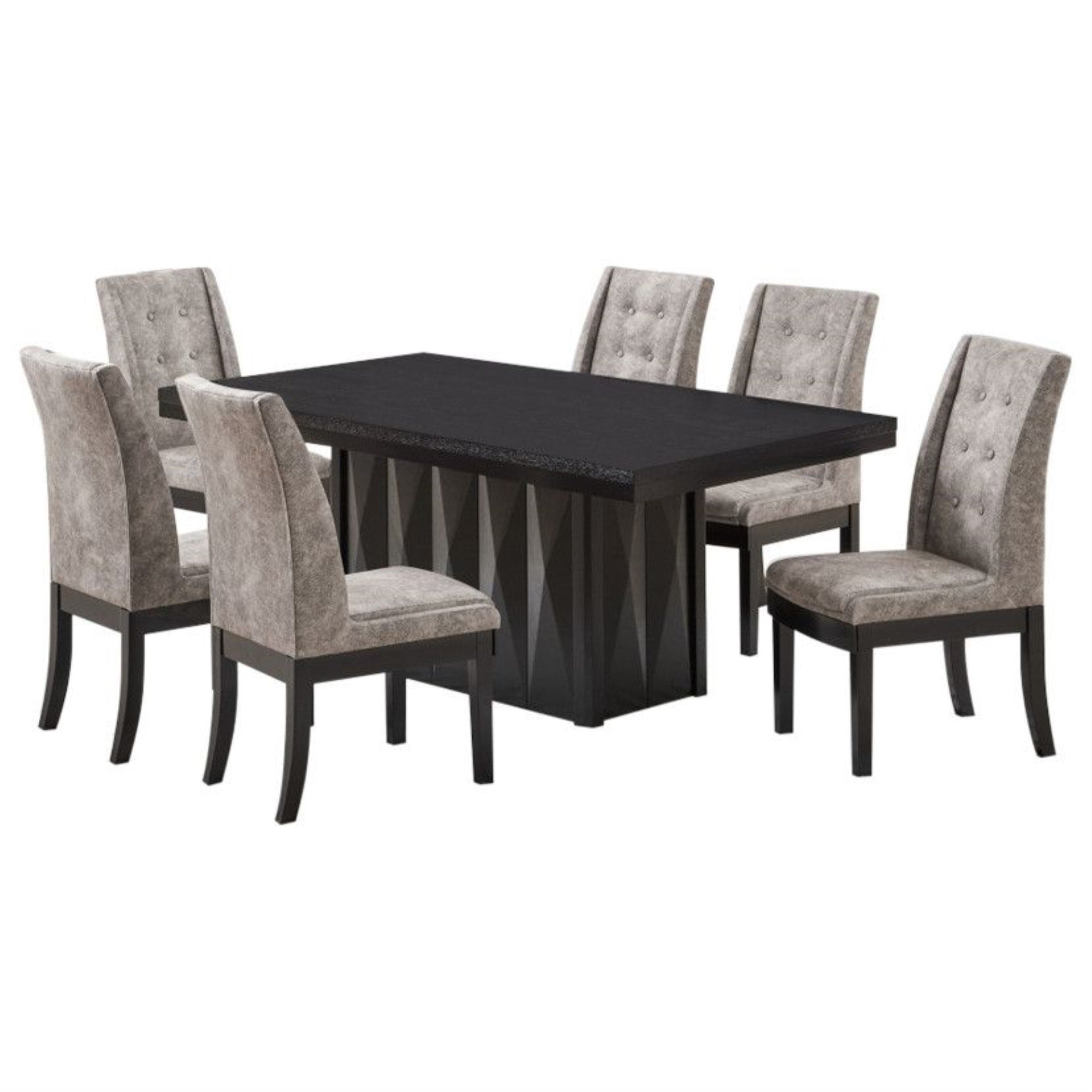 Riley 7 Piece Modern Pedestal Dining Set, Cappuccino Wood & Gray Fabric (Table & 6 Upholstered Parsons Chairs)