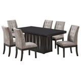 Riley 7 Piece Modern Pedestal Dining Set, Cappuccino Wood & Gray Fabric (Table & 6 Upholstered Parsons Chairs)