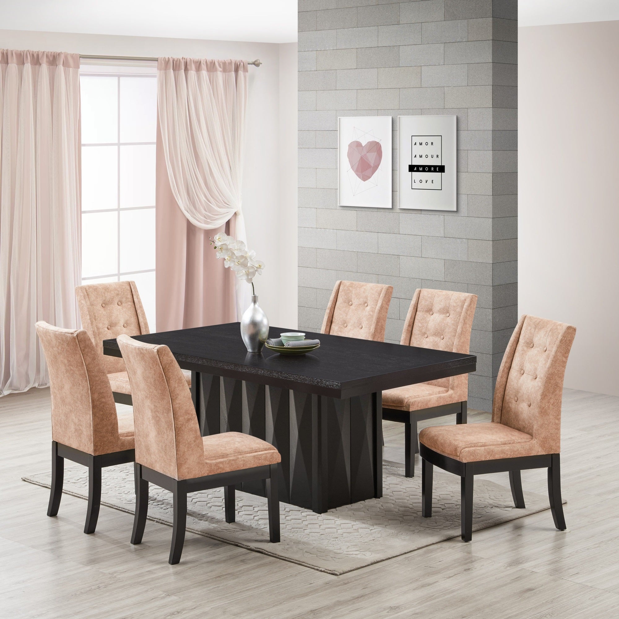 Riley 7 Piece Modern Pedestal Dining Set, Cappuccino Wood & Light Brown Fabric (Table & 6 Upholstered Parsons Chairs)