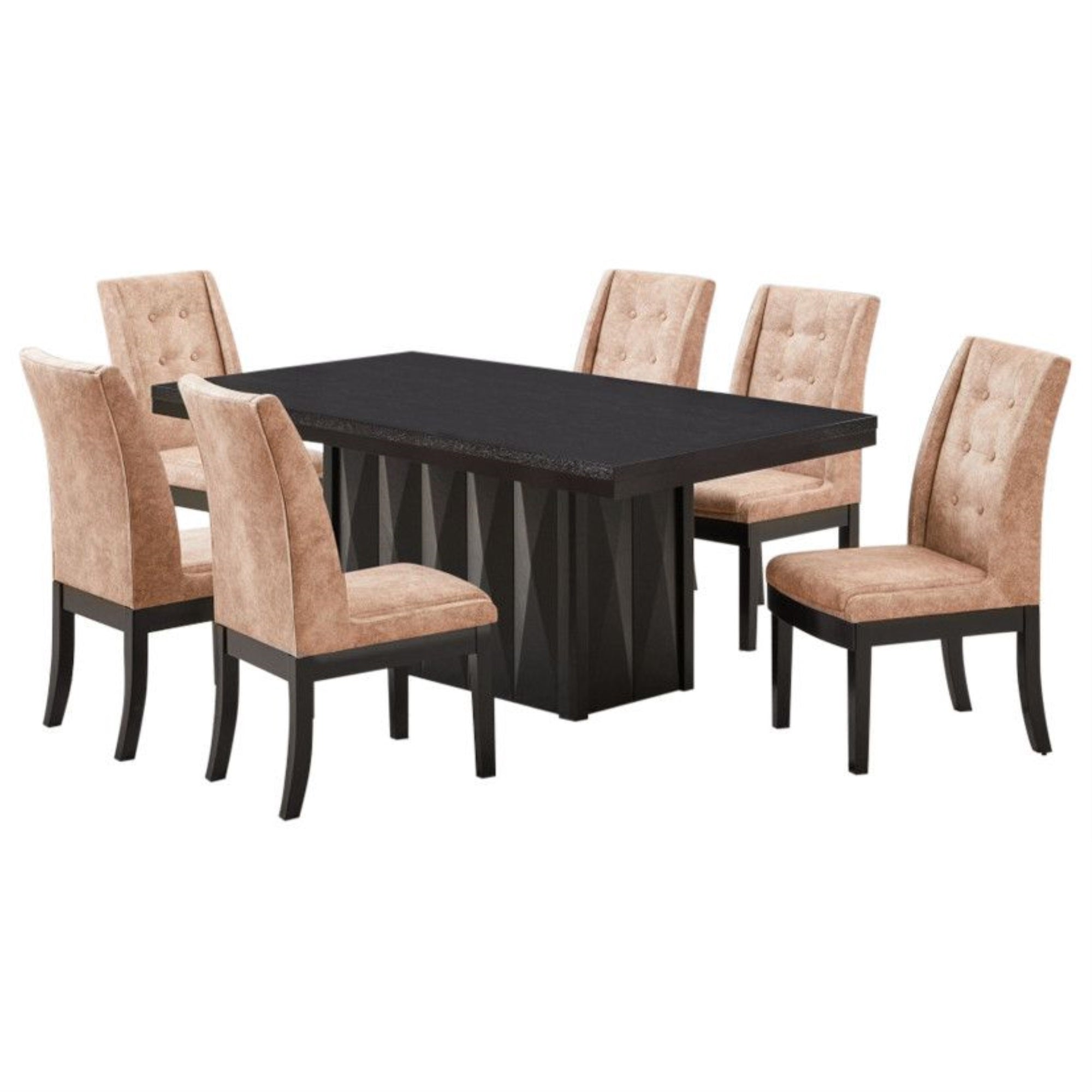 Riley 7 Piece Modern Pedestal Dining Set, Cappuccino Wood & Light Brown Fabric (Table & 6 Upholstered Parsons Chairs)