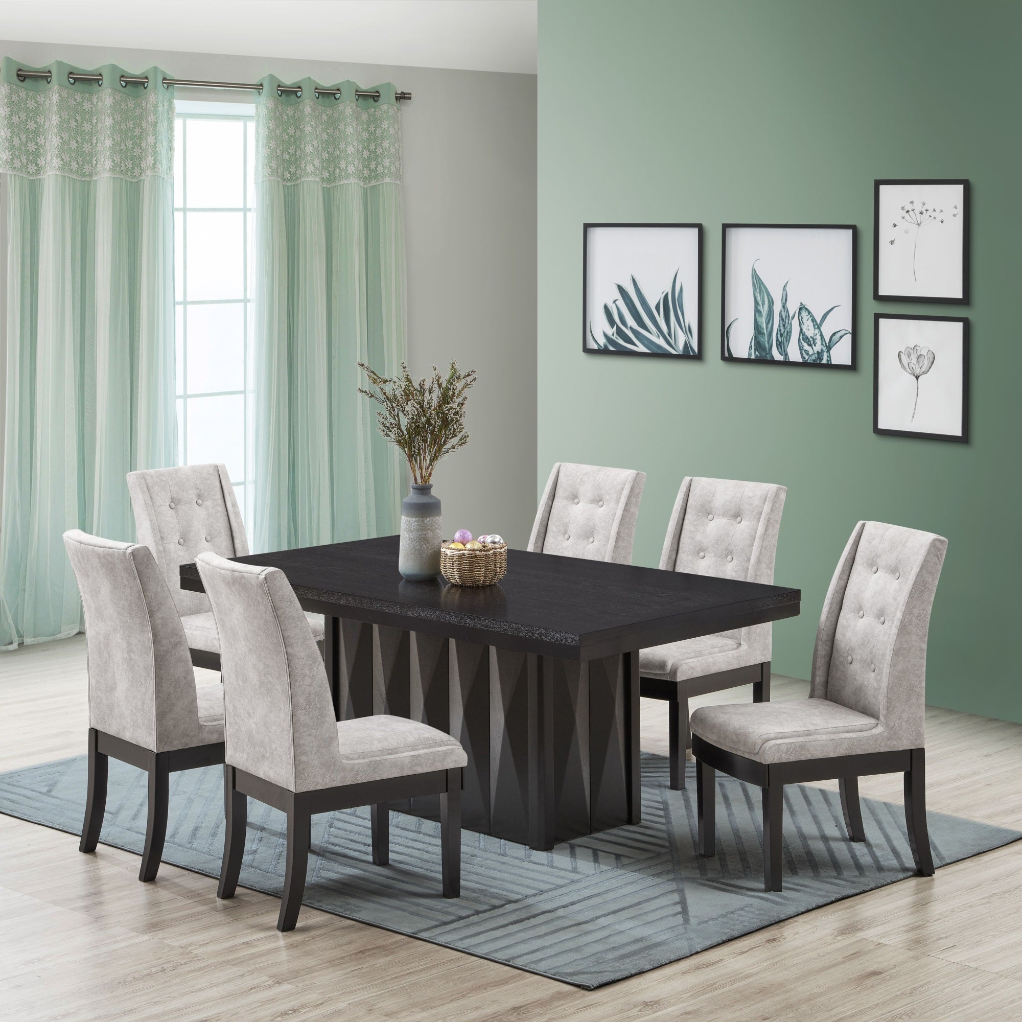 Riley 7 Piece Modern Pedestal Dining Set, Cappuccino Wood & Silver Fabric (Table & 6 Upholstered Parsons Chairs)