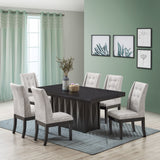 Riley 7 Piece Modern Pedestal Dining Set, Cappuccino Wood & Silver Fabric (Table & 6 Upholstered Parsons Chairs)