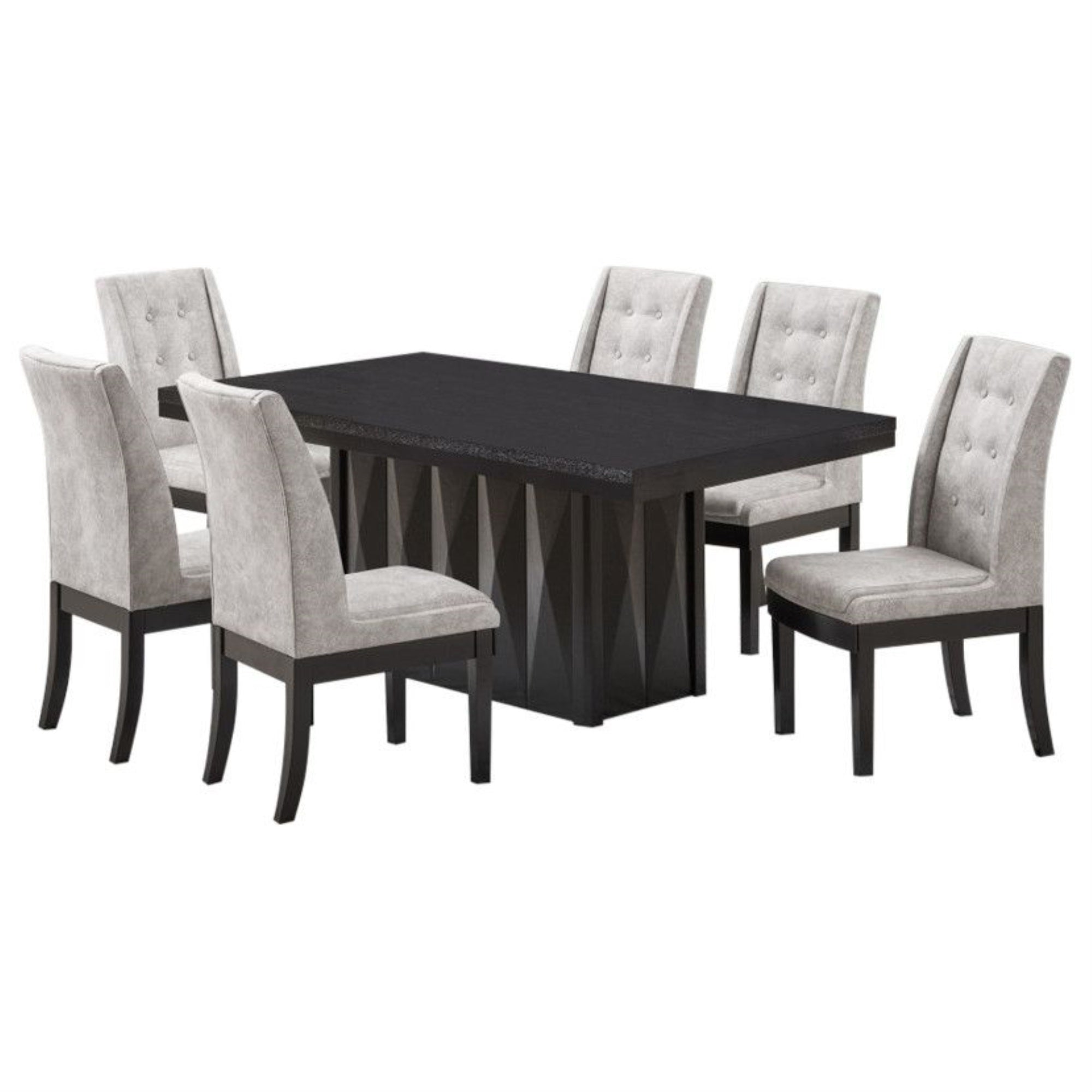 Riley 7 Piece Modern Pedestal Dining Set, Cappuccino Wood & Silver Fabric (Table & 6 Upholstered Parsons Chairs)