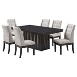 Riley 7 Piece Modern Pedestal Dining Set, Cappuccino Wood & Silver Fabric (Table & 6 Upholstered Parsons Chairs)