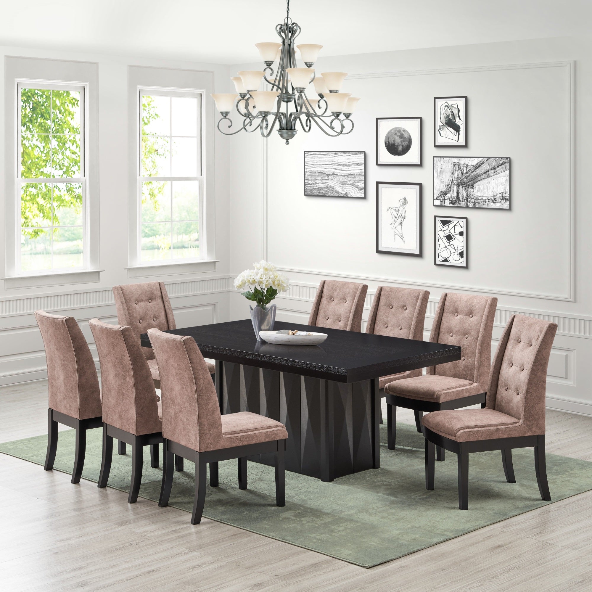 Riley 9 Piece Modern Pedestal Dining Set, Cappuccino Wood & Dark Brown Fabric (Table & 8 Upholstered Parsons Chairs)