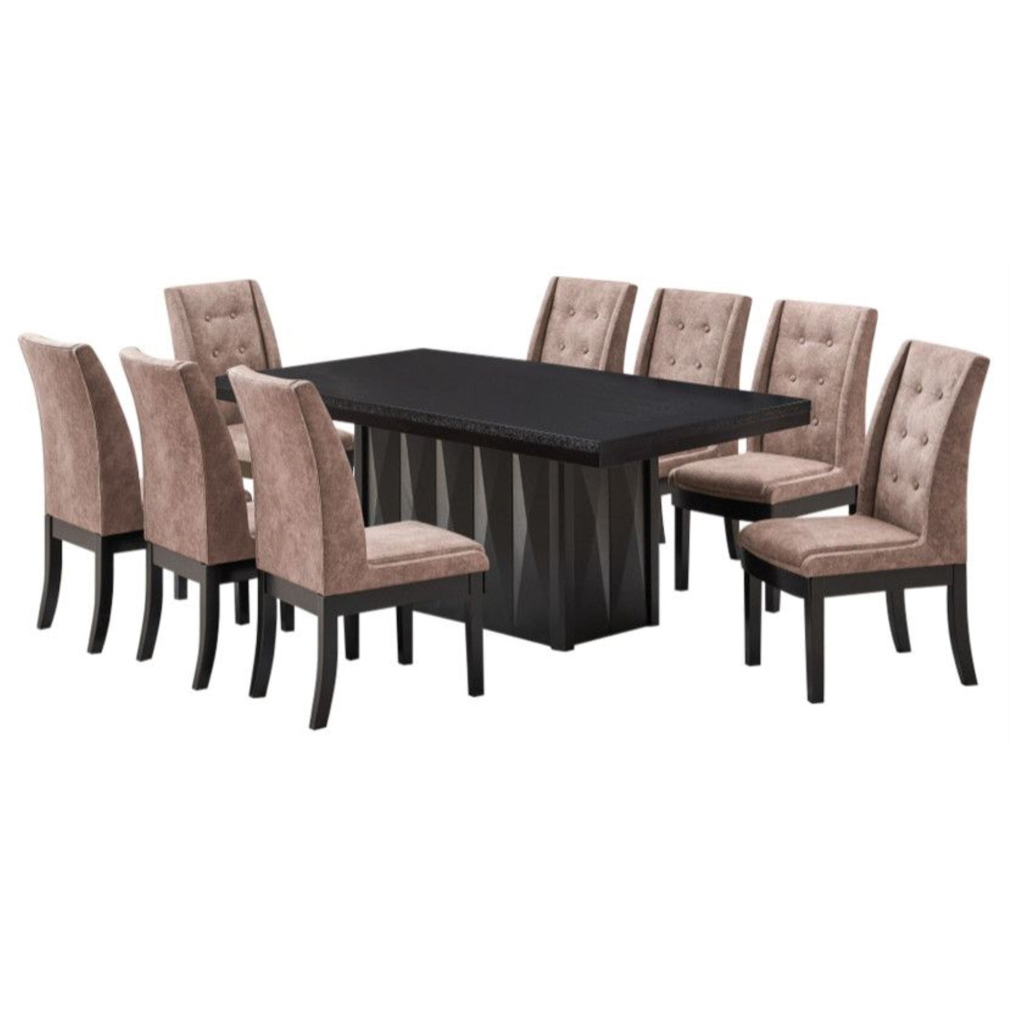 Riley 9 Piece Modern Pedestal Dining Set, Cappuccino Wood & Dark Brown Fabric (Table & 8 Upholstered Parsons Chairs)