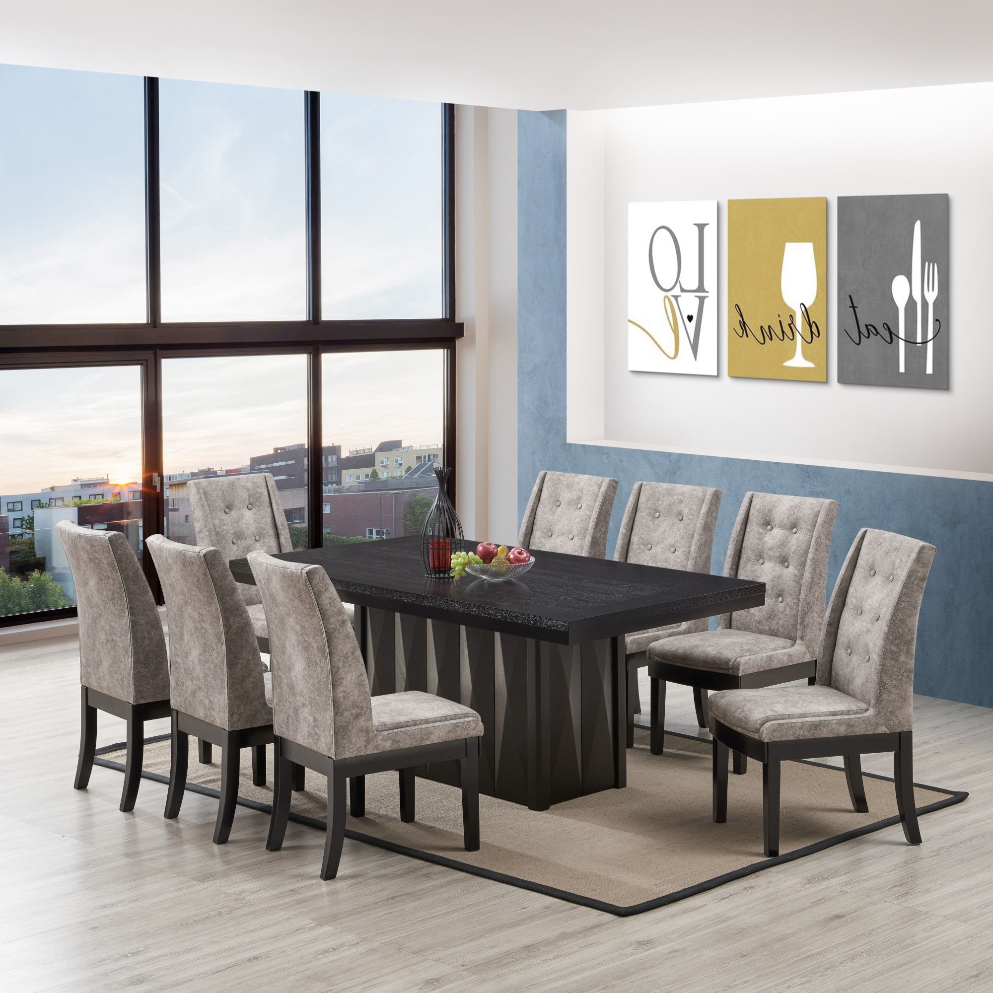 Riley 9 Piece Modern Pedestal Dining Set, Cappuccino Wood & Gray Fabric (Table & 8 Upholstered Parsons Chairs)