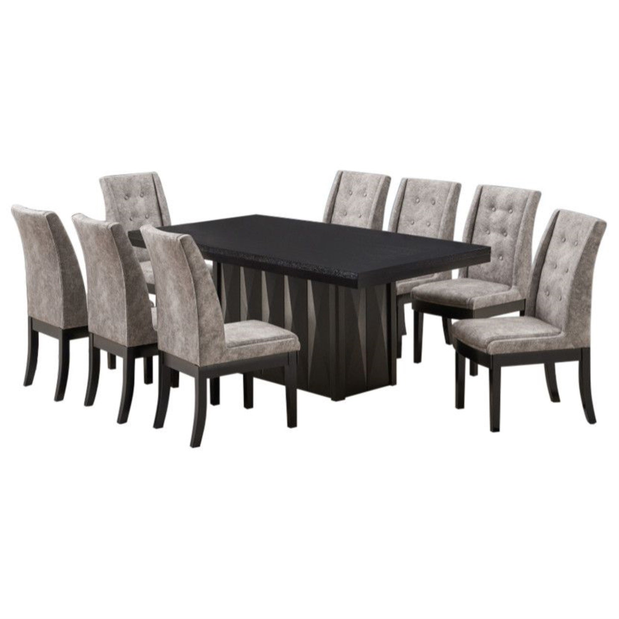 Riley 9 Piece Modern Pedestal Dining Set, Cappuccino Wood & Gray Fabric (Table & 8 Upholstered Parsons Chairs)