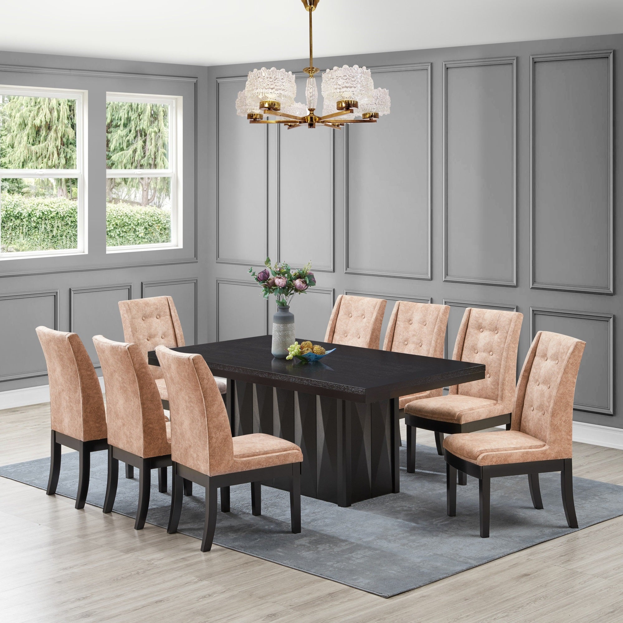 Riley 9 Piece Modern Pedestal Dining Set, Cappuccino Wood & Light Brown Fabric (Table & 8 Upholstered Parsons Chairs)
