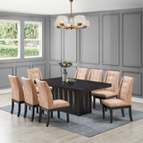 Riley 9 Piece Modern Pedestal Dining Set, Cappuccino Wood & Light Brown Fabric (Table & 8 Upholstered Parsons Chairs)