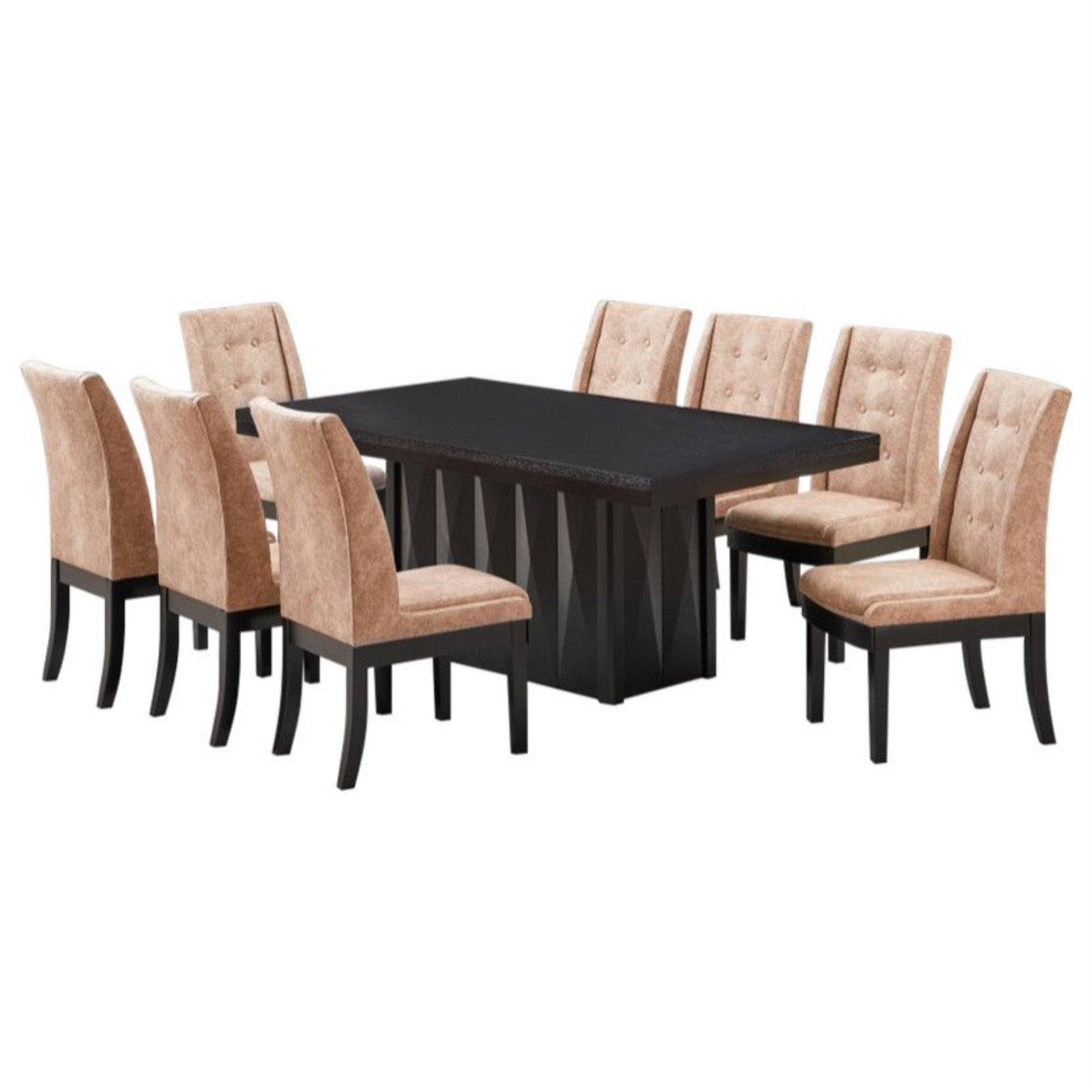 Riley 9 Piece Modern Pedestal Dining Set, Cappuccino Wood & Light Brown Fabric (Table & 8 Upholstered Parsons Chairs)