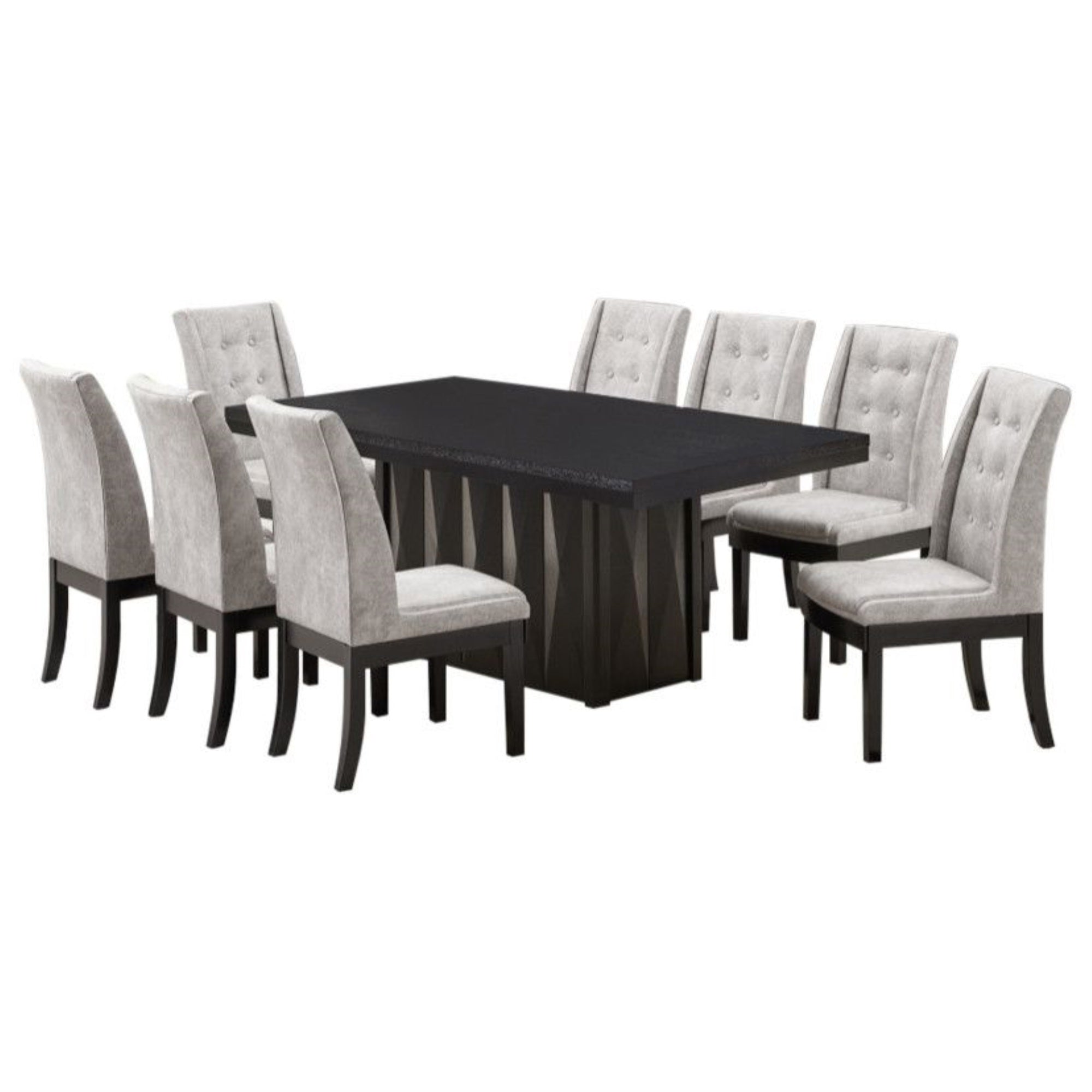 Riley 9 Piece Modern Pedestal Dining Set, Cappuccino Wood & Silver Fabric (Table & 8 Upholstered Parsons Chairs)