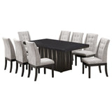 Riley 9 Piece Modern Pedestal Dining Set, Cappuccino Wood & Silver Fabric (Table & 8 Upholstered Parsons Chairs)