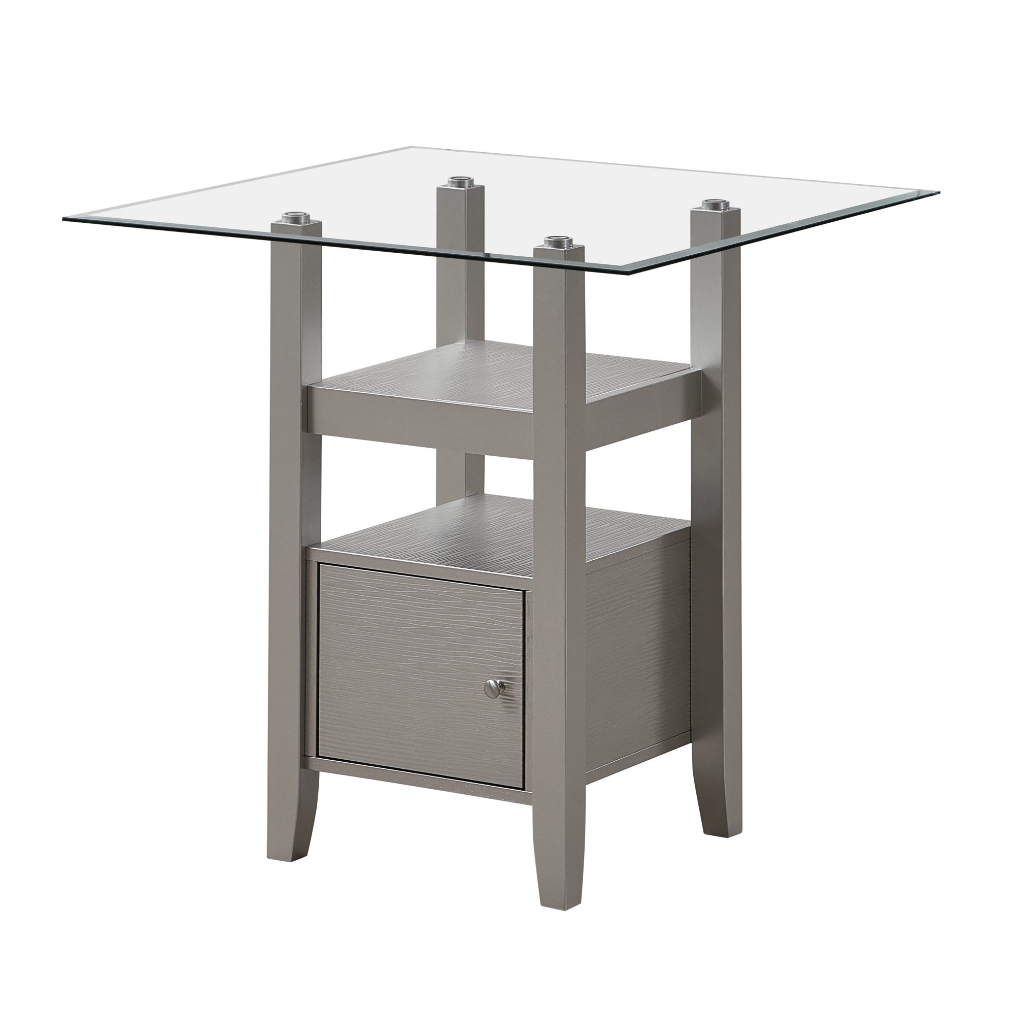 Luder Square Counter Height Storage Dining Pub Table, Champagne Wood, Tempered Glass Top