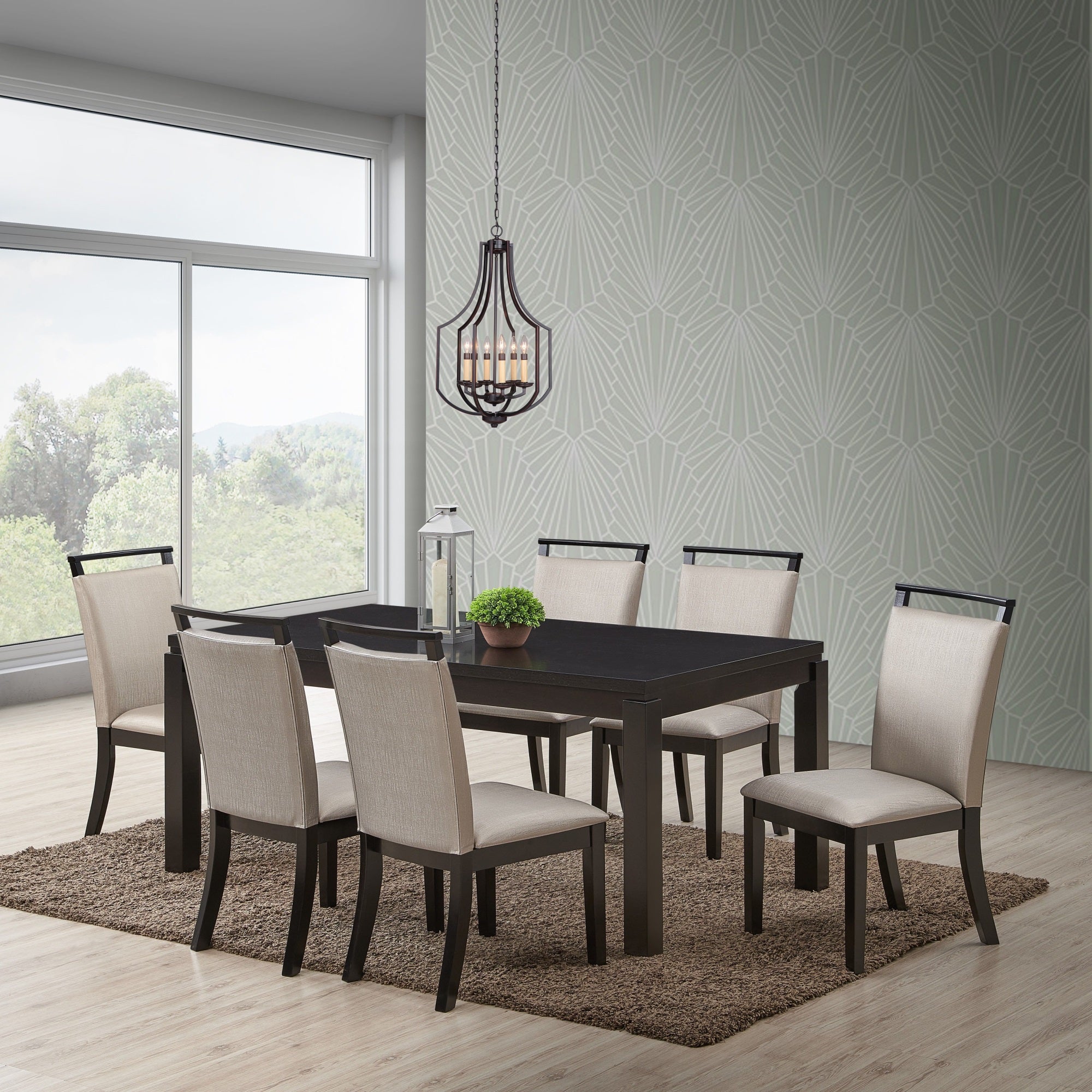 Danby 7 Piece Dining Set, Gray Fabric & Cappuccino Wood (Table & 6 Upholstered Chairs)