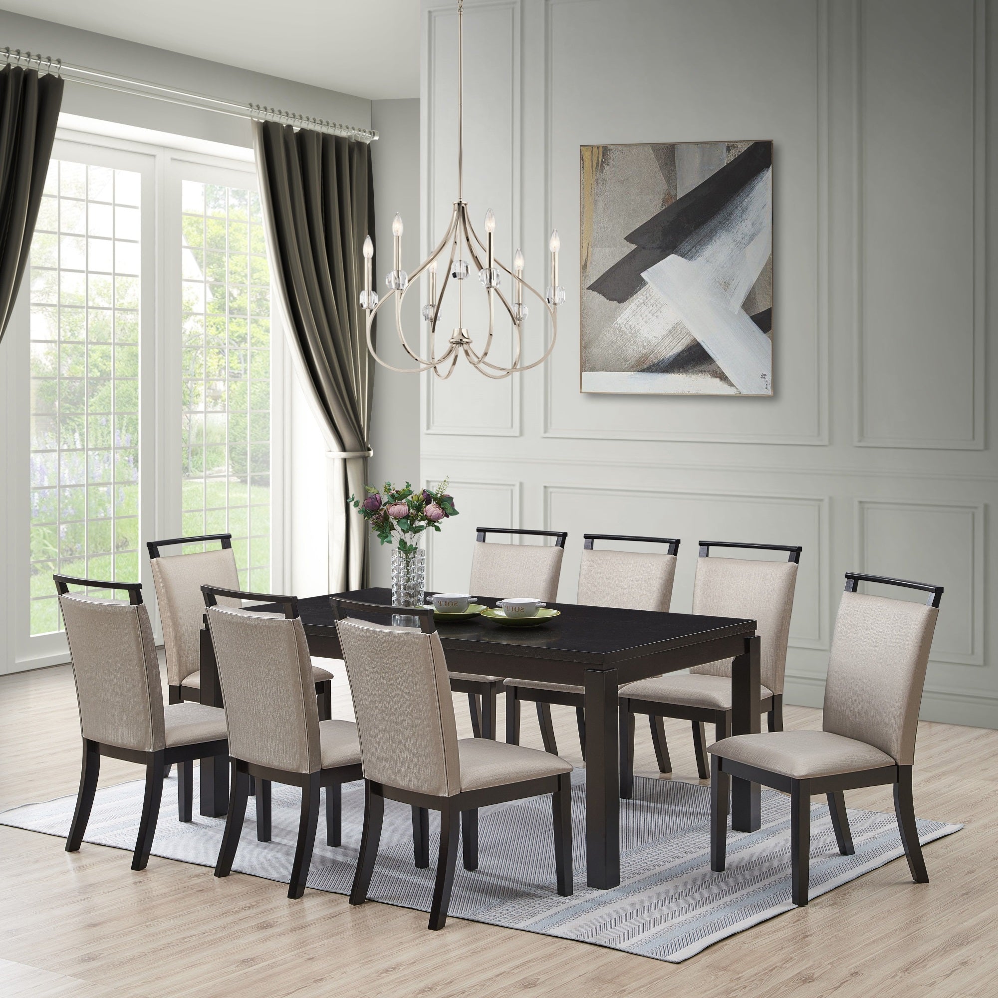 Danby 9 Piece Dining Set, Gray Fabric & Cappuccino Wood (Table & 8 Upholstered Chairs)