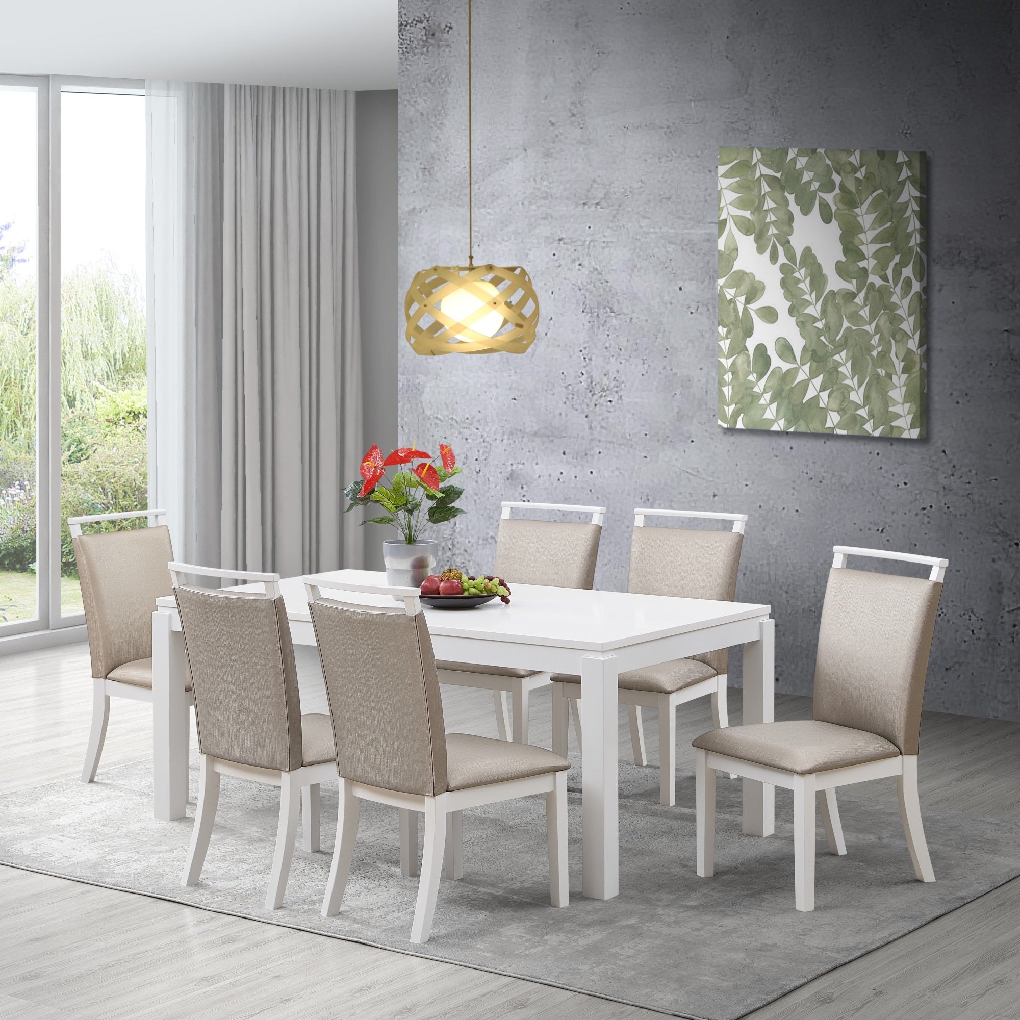 Danby 7 Piece Dining Set, Gray Fabric & White Wood (Table & 6 Upholstered Chairs)