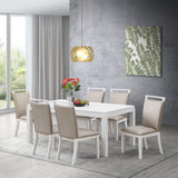 Danby 7 Piece Dining Set, Gray Fabric & White Wood (Table & 6 Upholstered Chairs)