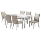 Danby 7 Piece Dining Set, Gray Fabric & White Wood (Table & 6 Upholstered Chairs)