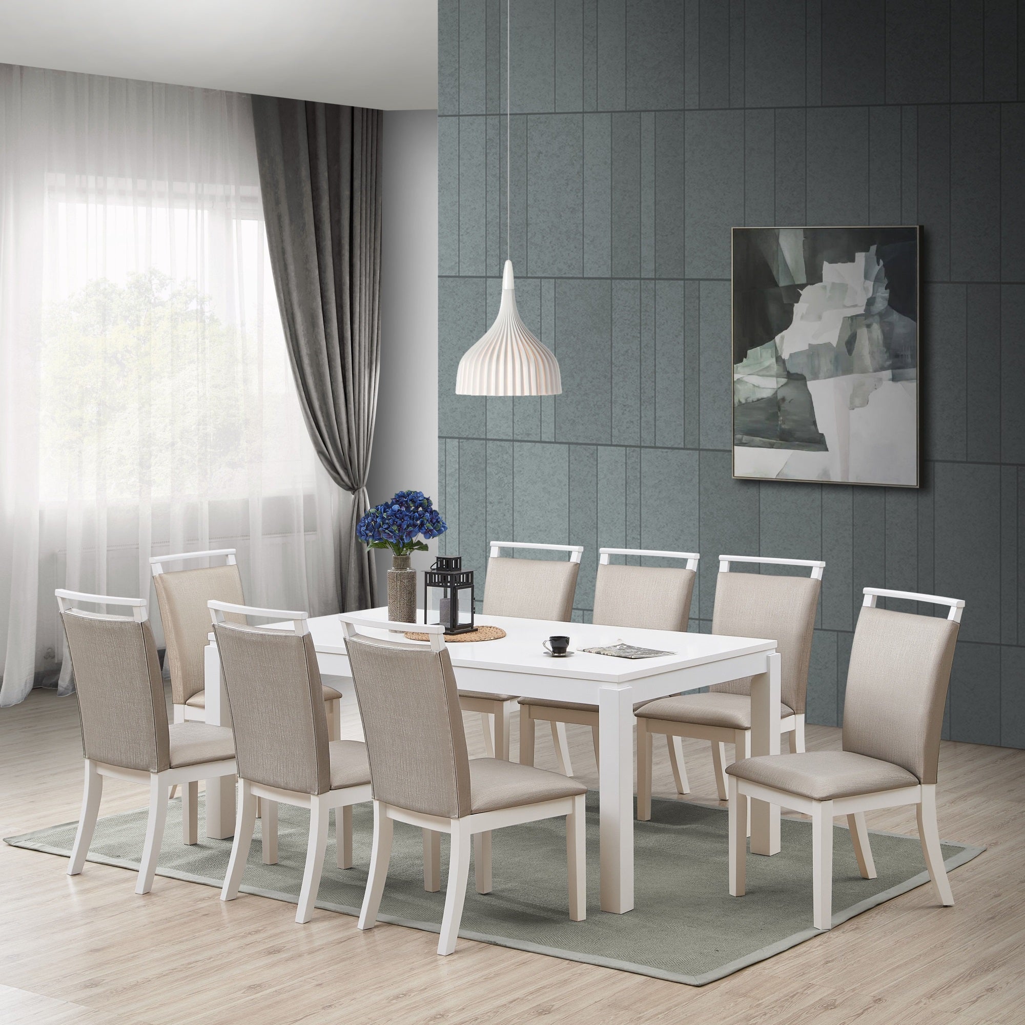 Danby 9 Piece Dining Set, Gray Fabric & White Wood (Table & 8 Upholstered Chairs)