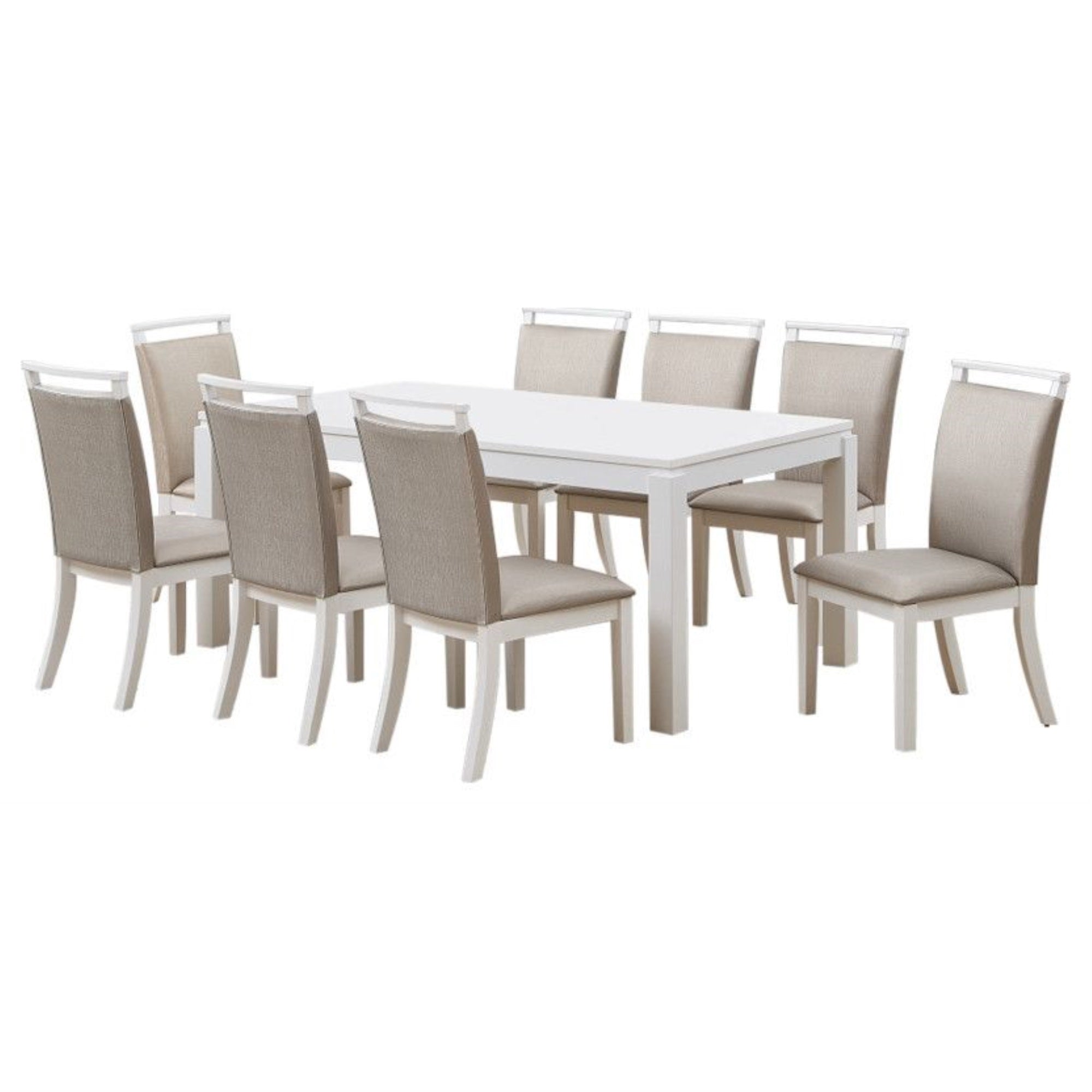 Danby 9 Piece Dining Set, Gray Fabric & White Wood (Table & 8 Upholstered Chairs)