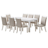 Danby 9 Piece Dining Set, Gray Fabric & White Wood (Table & 8 Upholstered Chairs)