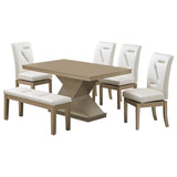 Legault 6 Piece Pedestal Dining Set, White Vinyl & Gold Wood (Table, 4 Chairs, Bench)
