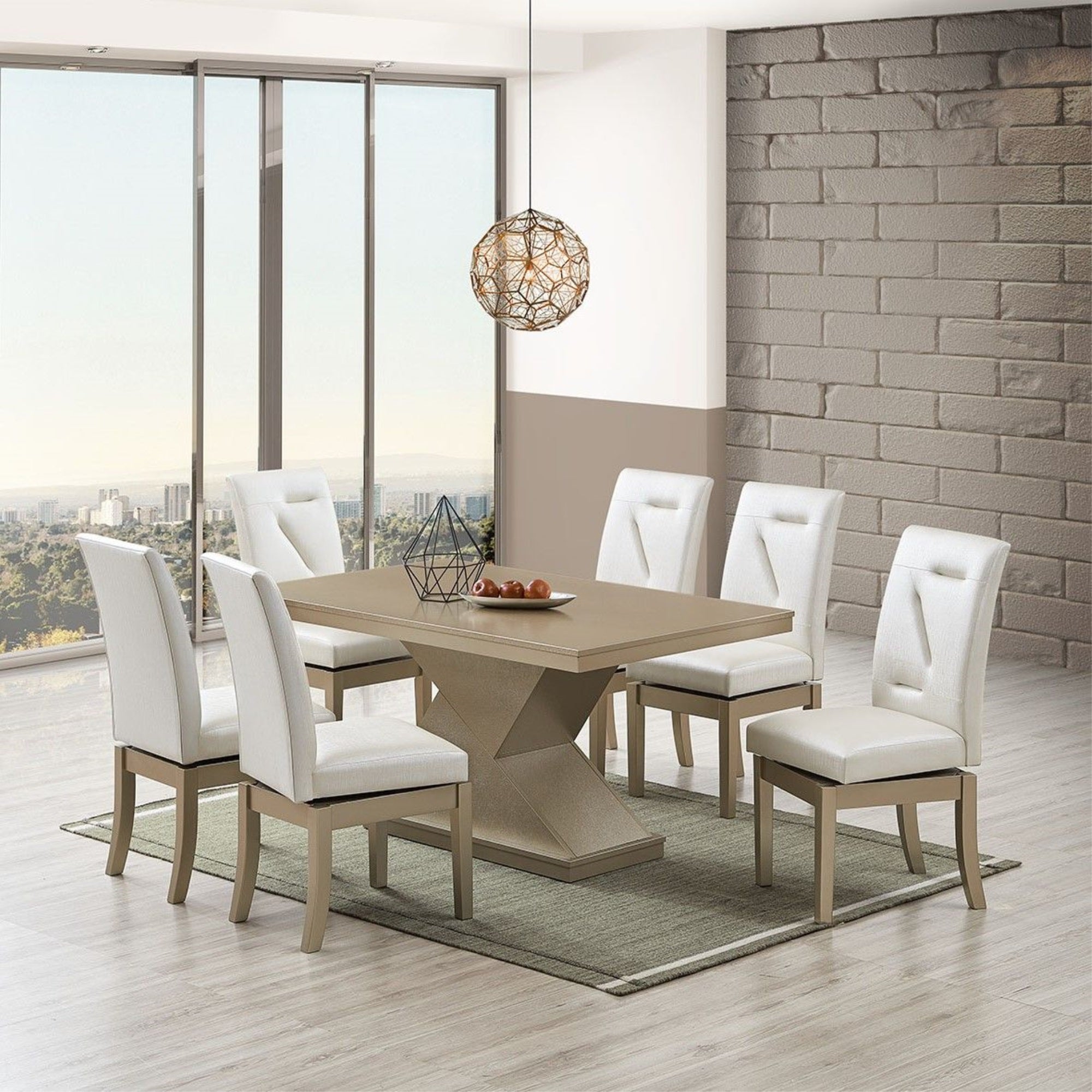 Legault 7 Piece Pedestal Dining Set, White Vinyl & Gold Wood (Table, 6 Chairs)