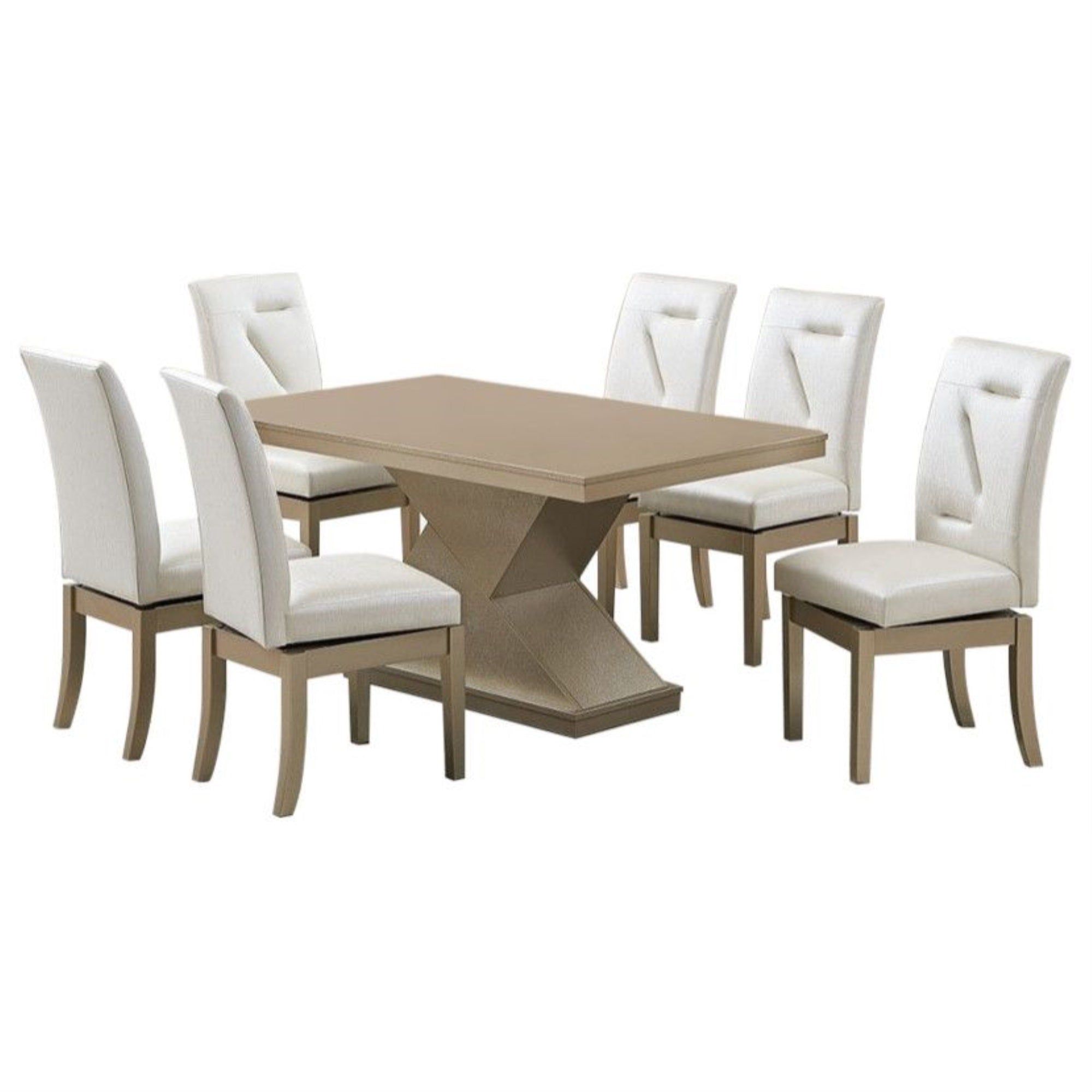 Legault 7 Piece Pedestal Dining Set, White Vinyl & Gold Wood (Table, 6 Chairs)
