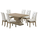 Legault 7 Piece Pedestal Dining Set, White Vinyl & Gold Wood (Table, 6 Chairs)