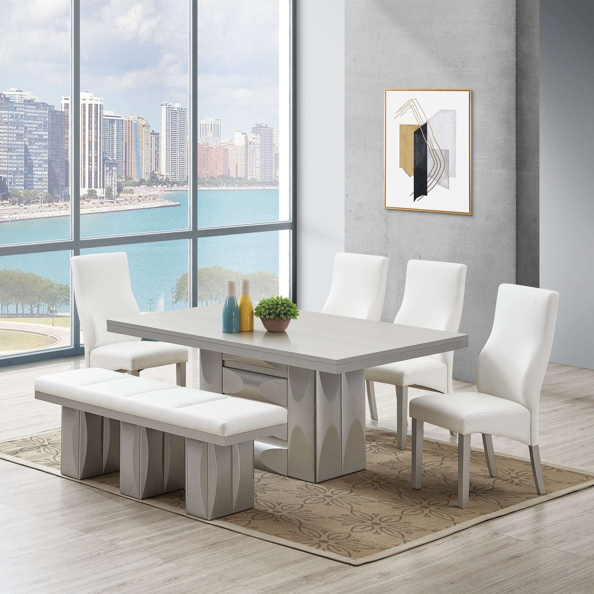 Astra 6 Piece Pedestal Dining Set, Champagne Wood & White Vinyl (Table, 4 Chairs, Bench)