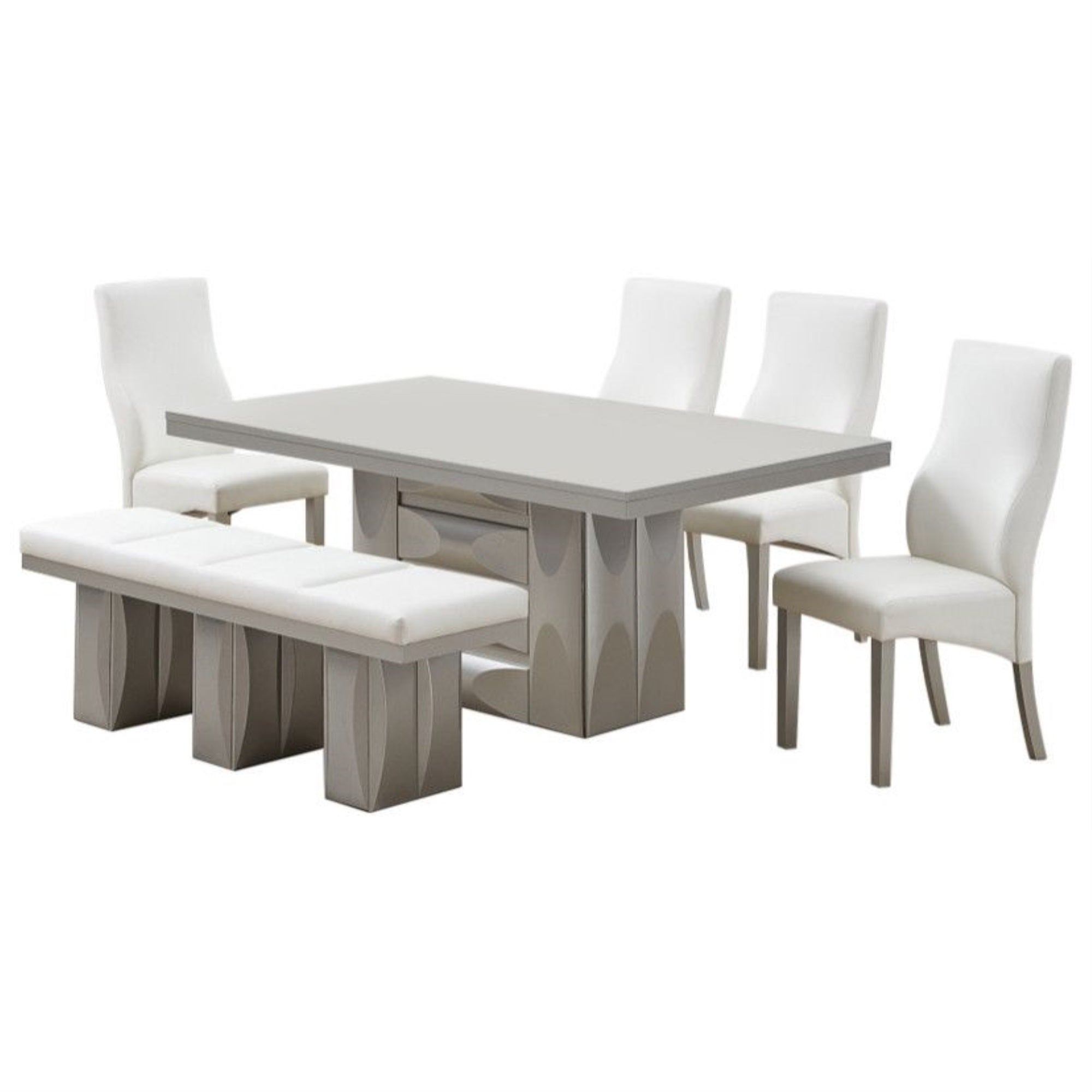 Astra 6 Piece Pedestal Dining Set, Champagne Wood & White Vinyl (Table, 4 Chairs, Bench)