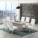Astra 7 Piece Pedestal Dining Set, Champagne Wood & White Vinyl (Table, 6 Chairs)