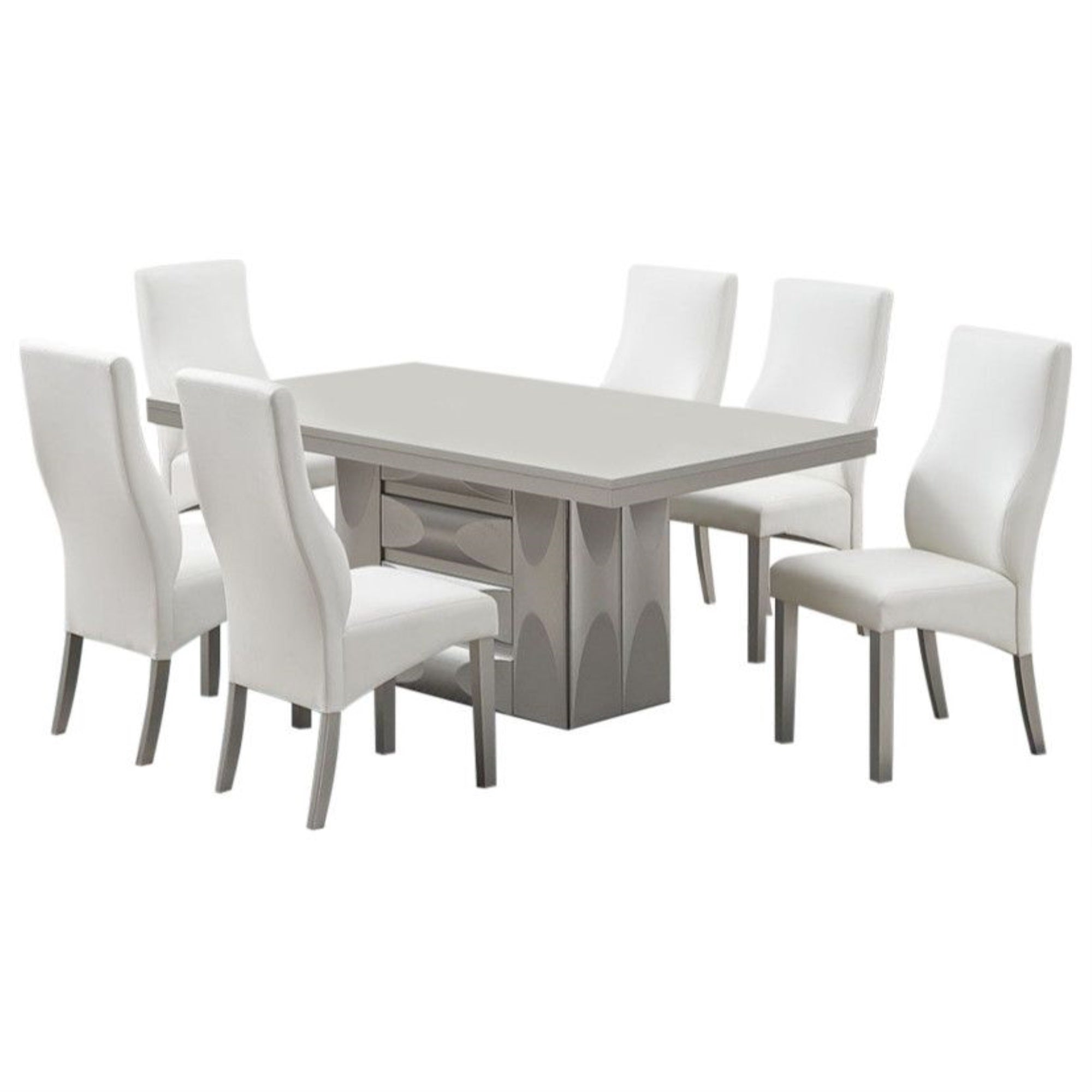 Astra 7 Piece Pedestal Dining Set, Champagne Wood & White Vinyl (Table, 6 Chairs)