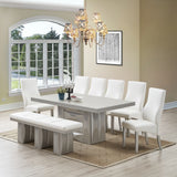 Astra 8 Piece Pedestal Dining Set, Champagne Wood & White Vinyl (Table, 6 Chairs, Bench)