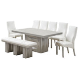 Astra 8 Piece Pedestal Dining Set, Champagne Wood & White Vinyl (Table, 6 Chairs, Bench)